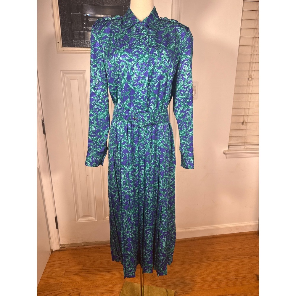 Vintage PAPELL Purple Green secretary Pleated Midi Dress Belt and Epaulette